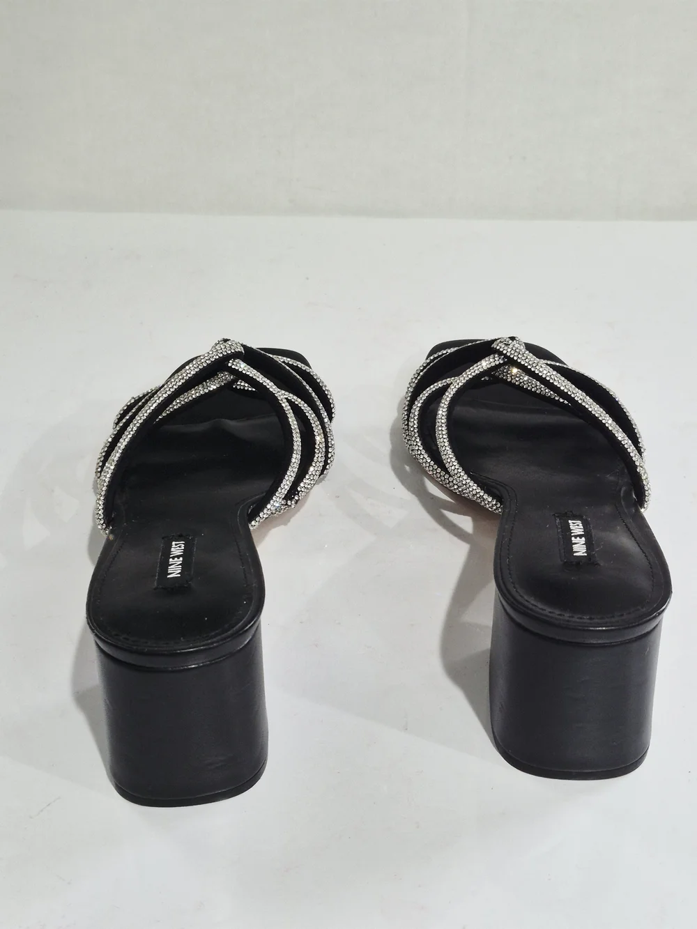 Nine West Black Heeled Slide Sandals with Silver Crystal Straps Size 12